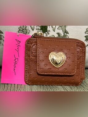 Betsey Johnson Brown Heart-Embossed Mini Wallet with Gold Heart Accent